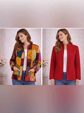Reversible Patchwork Quilted Jacket – Colorful Boho Print / Solid Red Coat